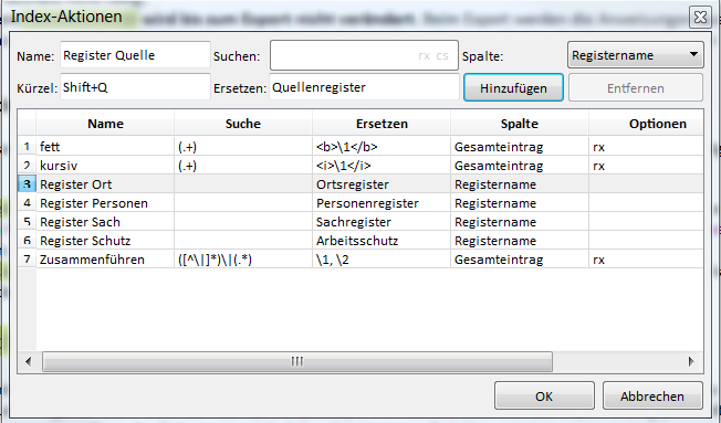 Screenshot des Fensters "Index-Aktionen" mit einigen Beispielen.