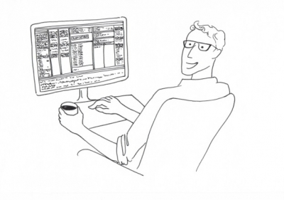 Zeichnung eines lächelnden jungen Mannes, der an einem Computer die Indexing-Software Index-Manager bedient und in der linken Hand eine Tasse Kaffee hält.