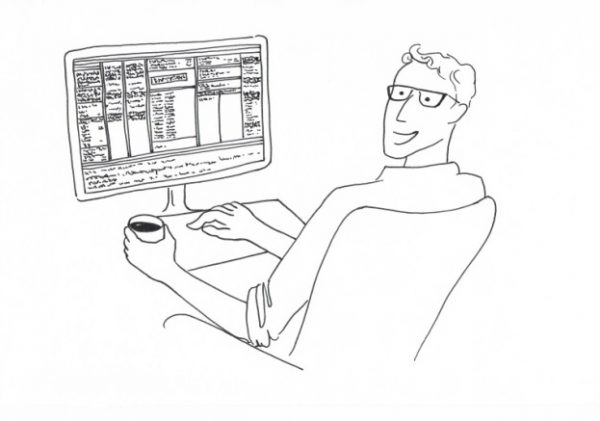 Drawing of a smiling young man sitting in front of a Computer with Indexing-Software Index-Manager and holding a cup of coffee in the left hand.