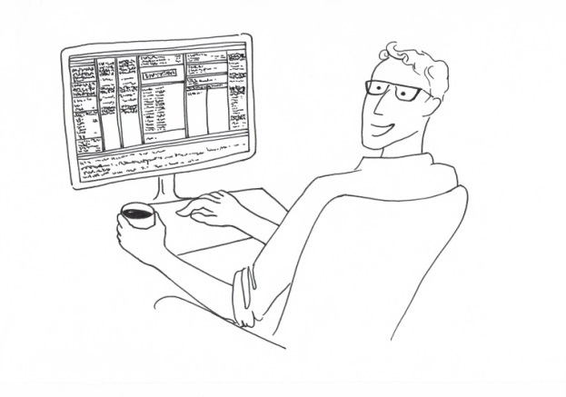 Drawing of a smiling young man sitting in front of a Computer with Indexing-Software Index-Manager and holding a cup of coffee in the left hand.