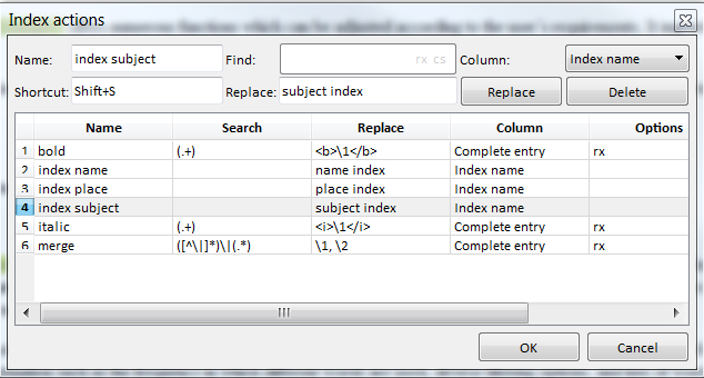 Screenshot of the index-actions-widget with some examples of regular-expression-actions for editing index entries.