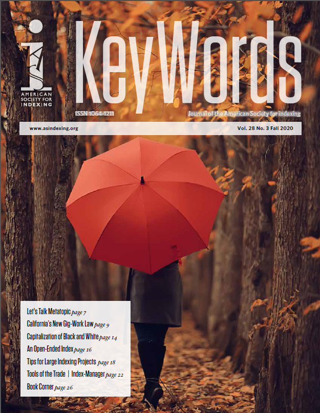 Titelseite des Journal of the American Society for Indexing "Keywords" 28/2020