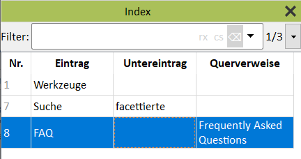 Anzeige eines Querverweises im Fenster „Index“ Screenshot des Fensters "Index" mit Anzeige eines Querverweises